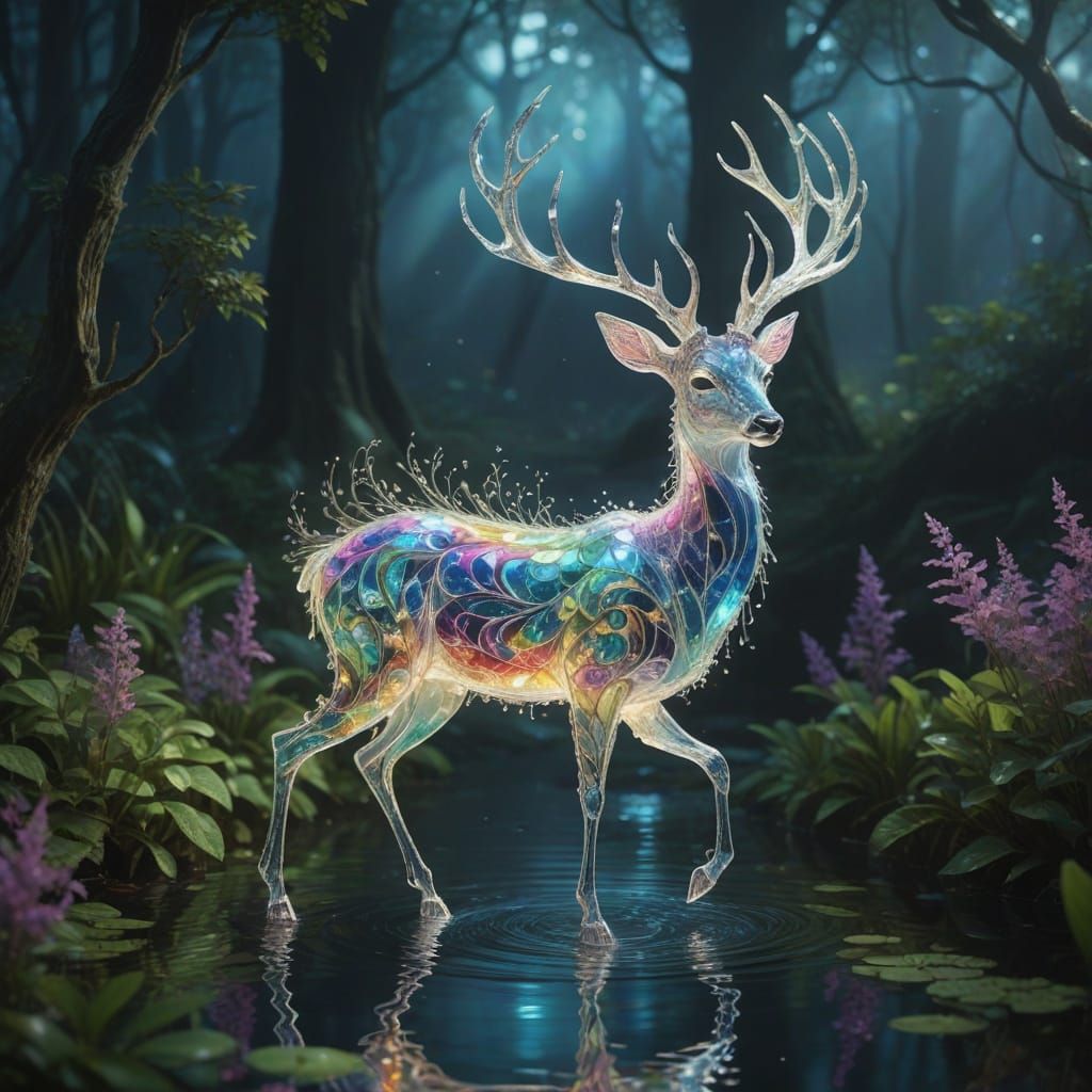 Glowing Magical Deer Figure in Forest Pond