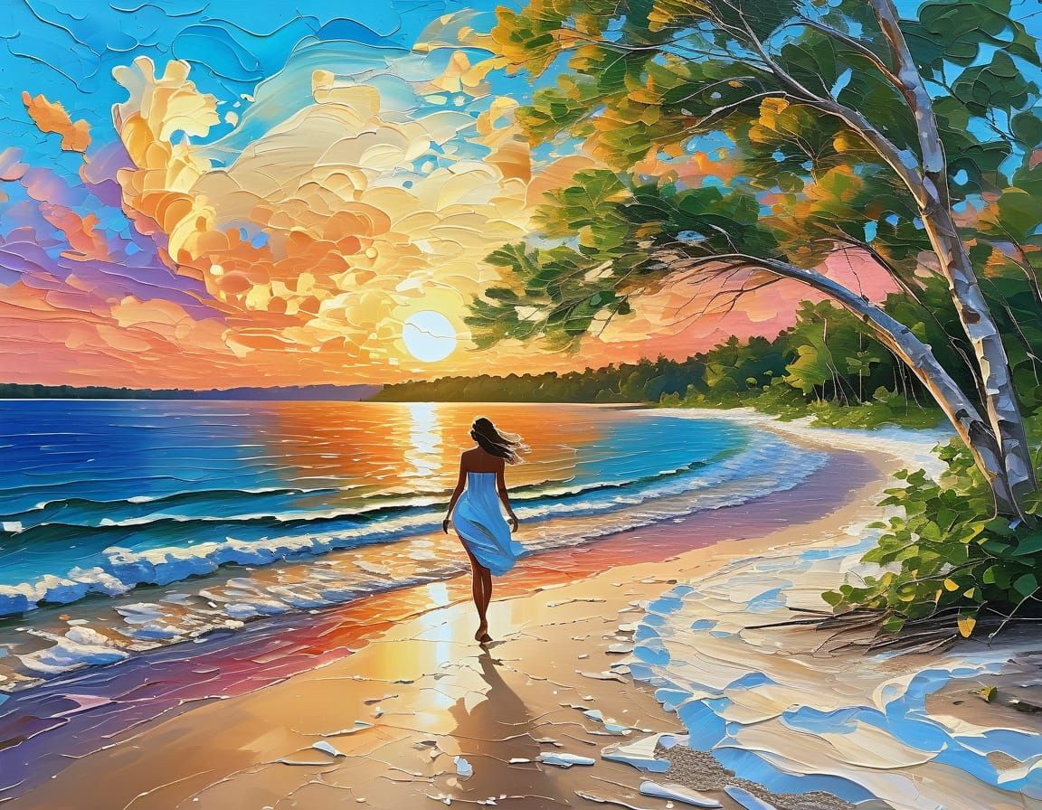 beautiful woman strolling open sky on the beach tall lush tr...