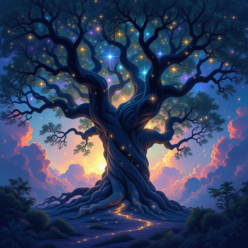 Ancient Cosmic Tree in Nebula, Impressionistic Style