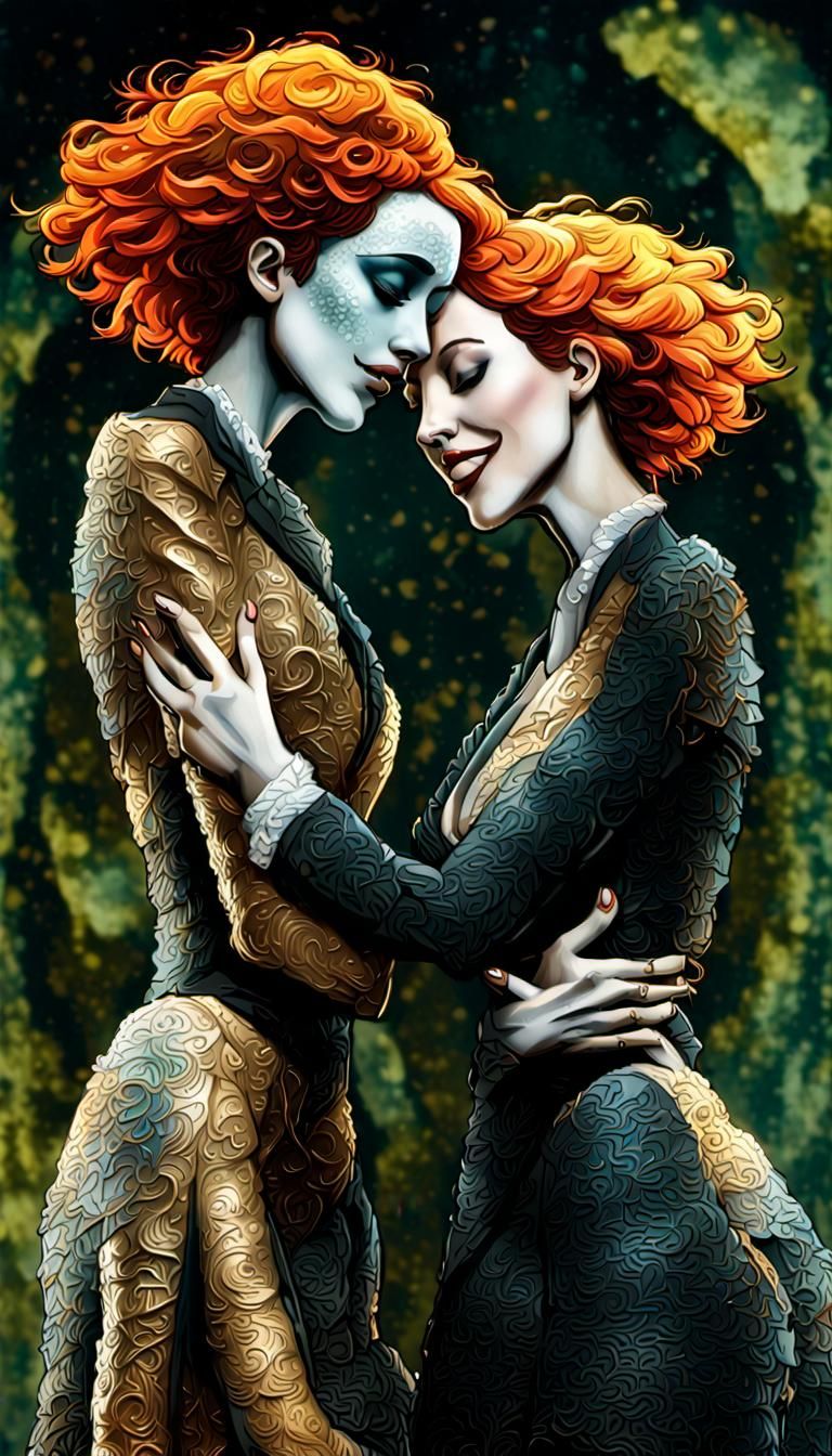 Beautiful Women Embrace: Hyperdetailed Psychedelic Illustrat...