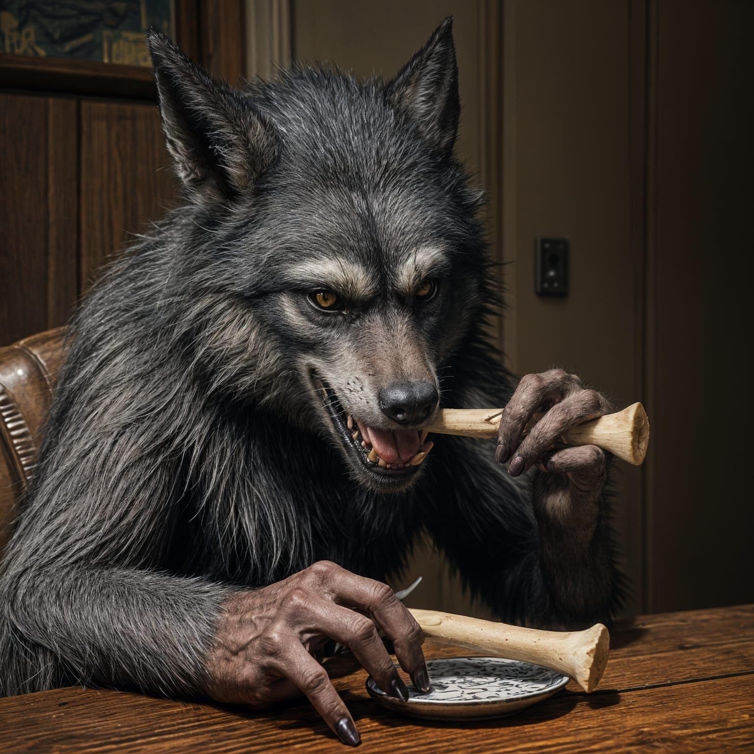 Werewolf at Table Uses Bone Toothpick