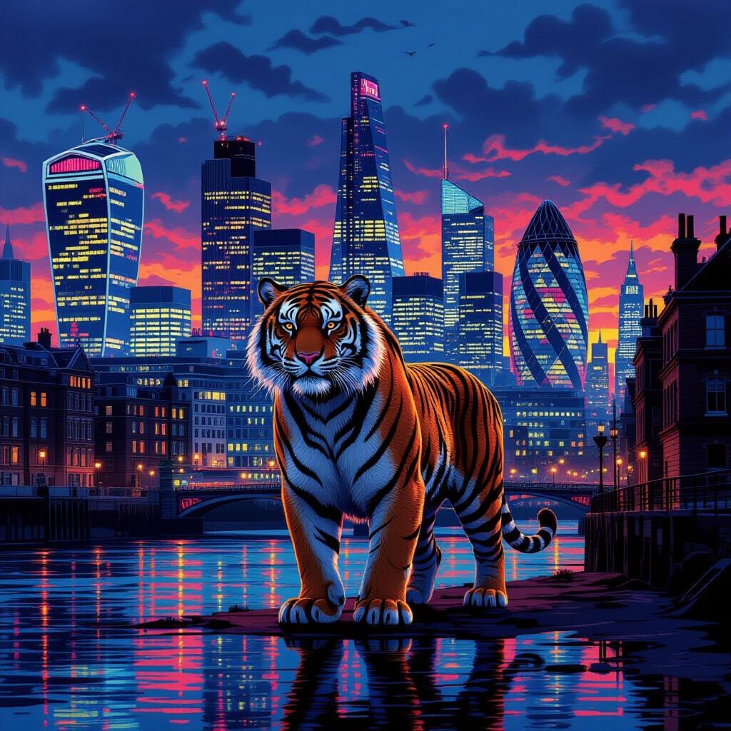 Sabre-Tooth Tiger in Neon London Dusk