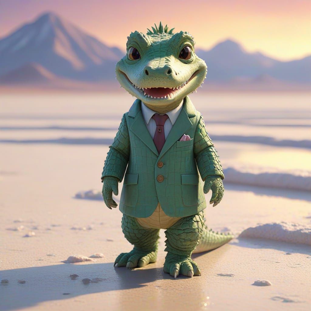 Cute Fluffy Baby Crocodile in Suit on Salt Flat
