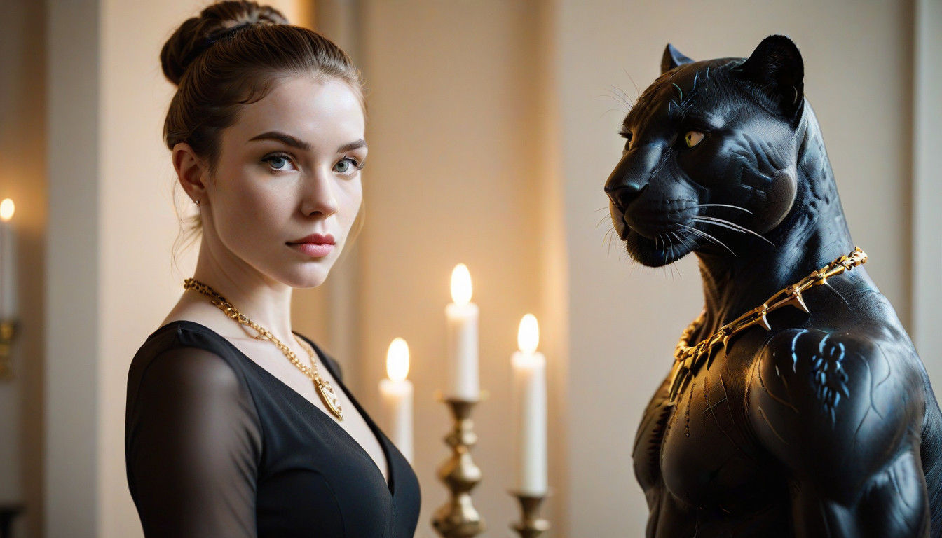 Elegant Young Woman with Black Panther in Luxurious Setting