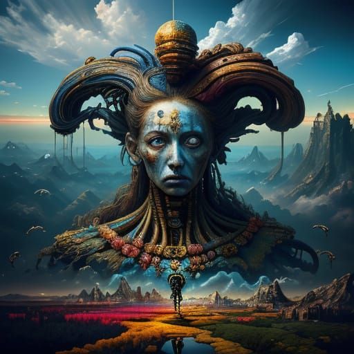 Woman Stranded Among Surreal Figures in Dali-esque Landscape