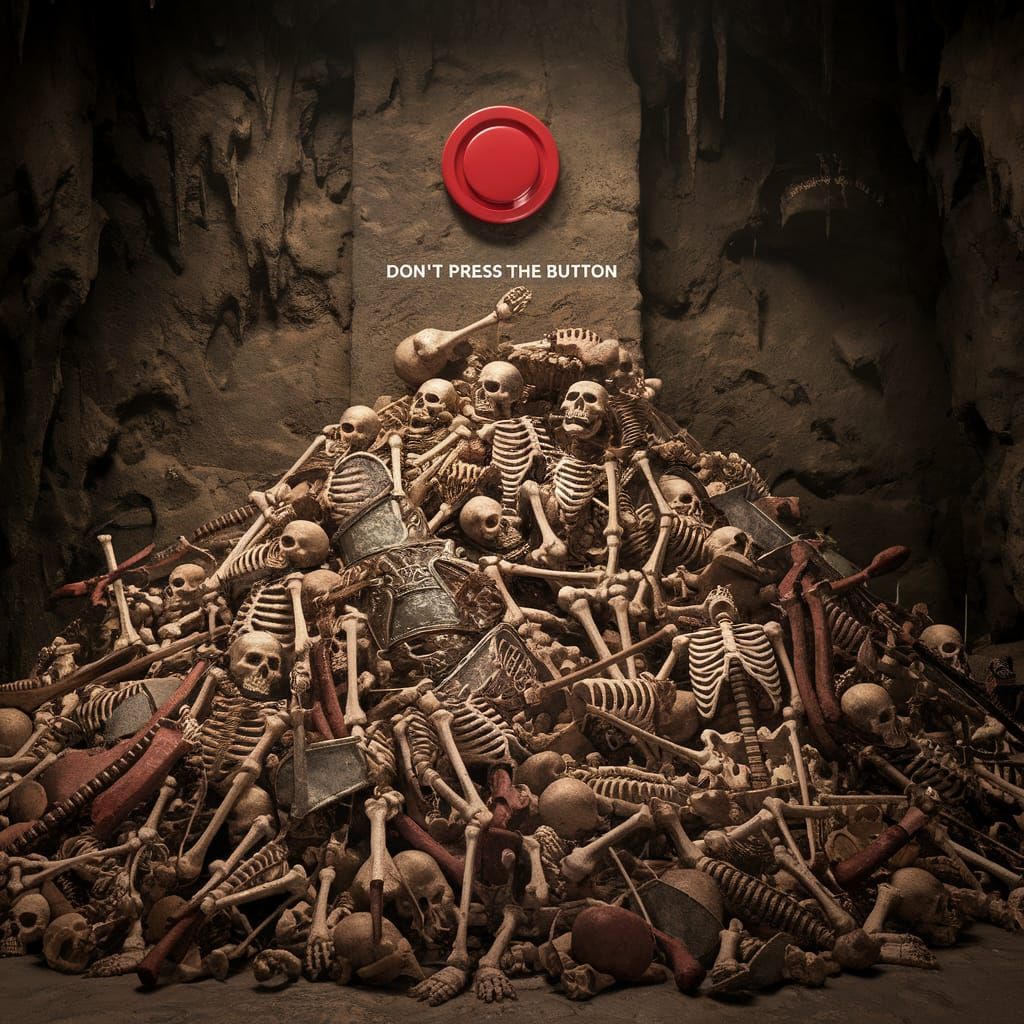 Ancient Skeletons Surround a Red Button in a Cave