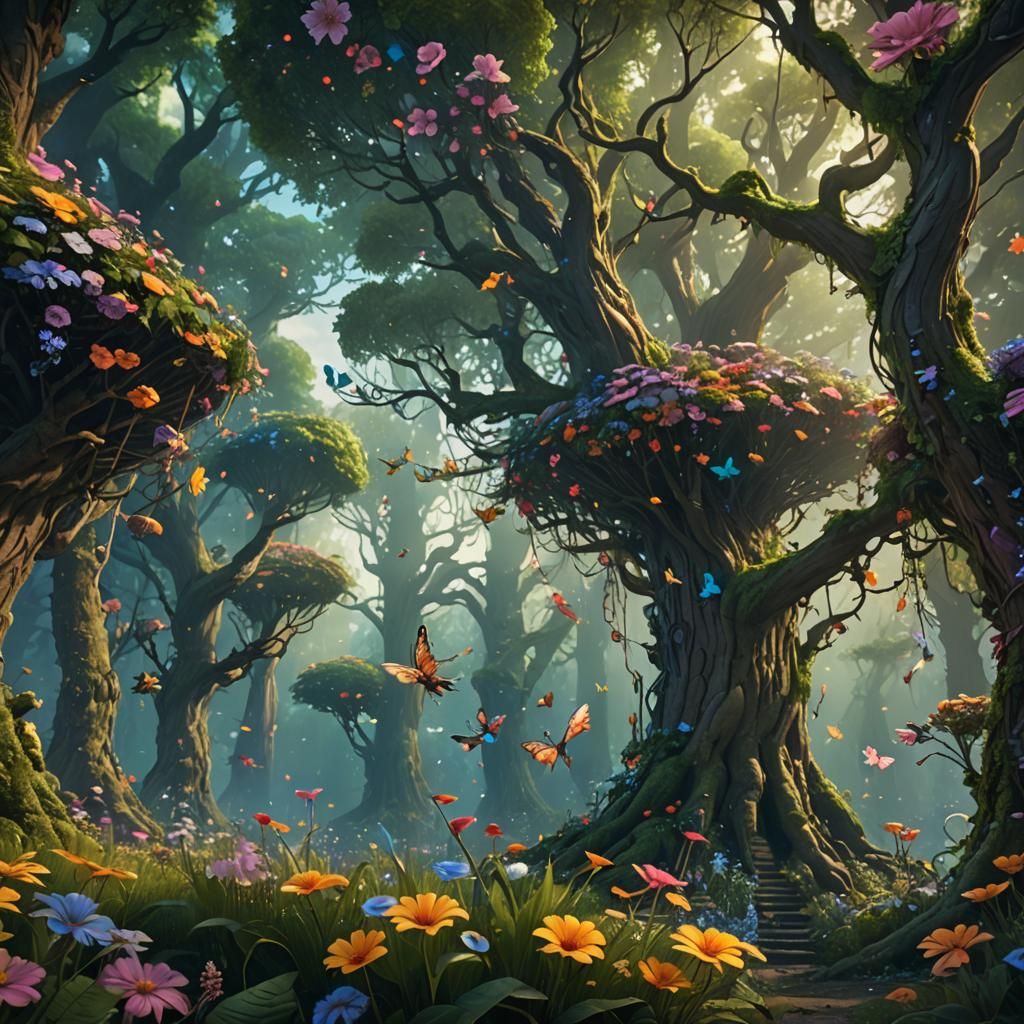 Fairies Flying Over Flowers in Enchanted Forest