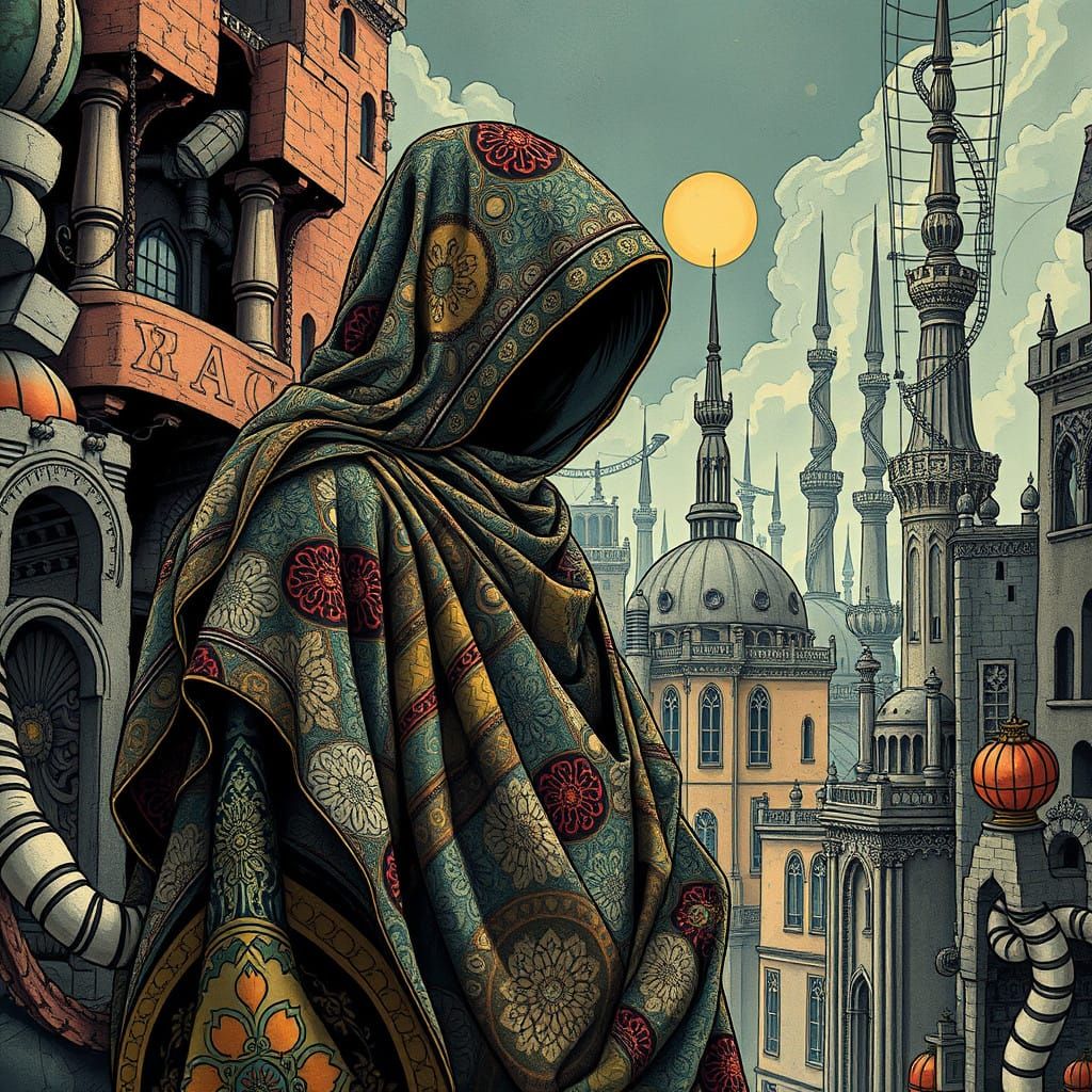 Mysterious Hooded Figure in Arabianpunk Cityscape