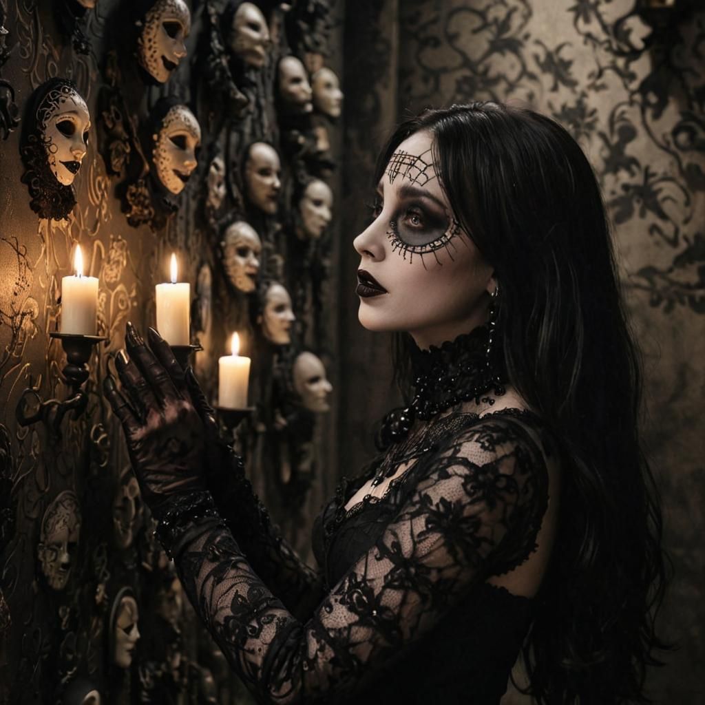 Gothic Woman with Masks in Haunting Light