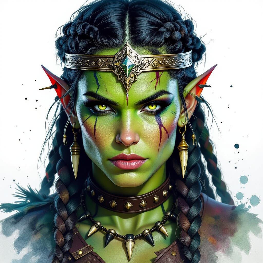 Orc Woman Portrait in Watercolor with Vivid Colors