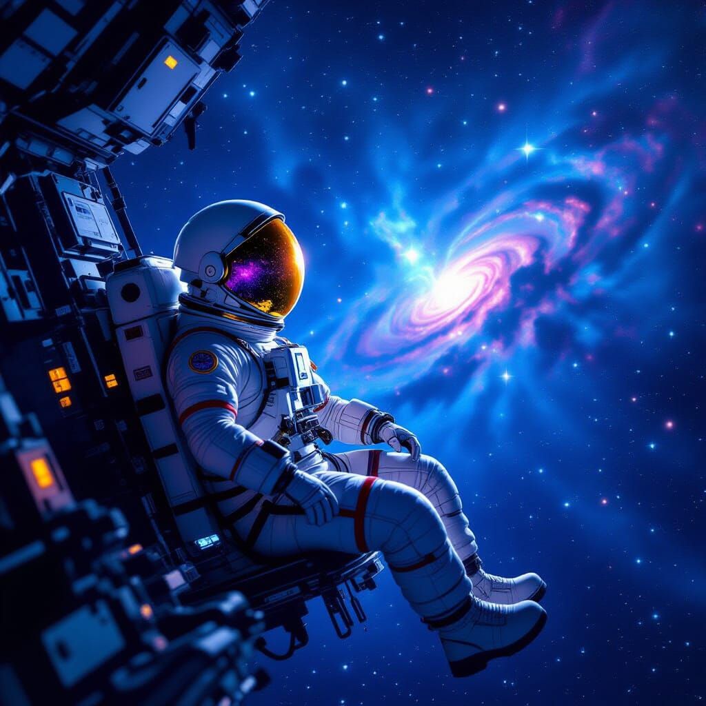 Astronaut Adrift in Cosmic Nebula, Reflecting Starry Expanse