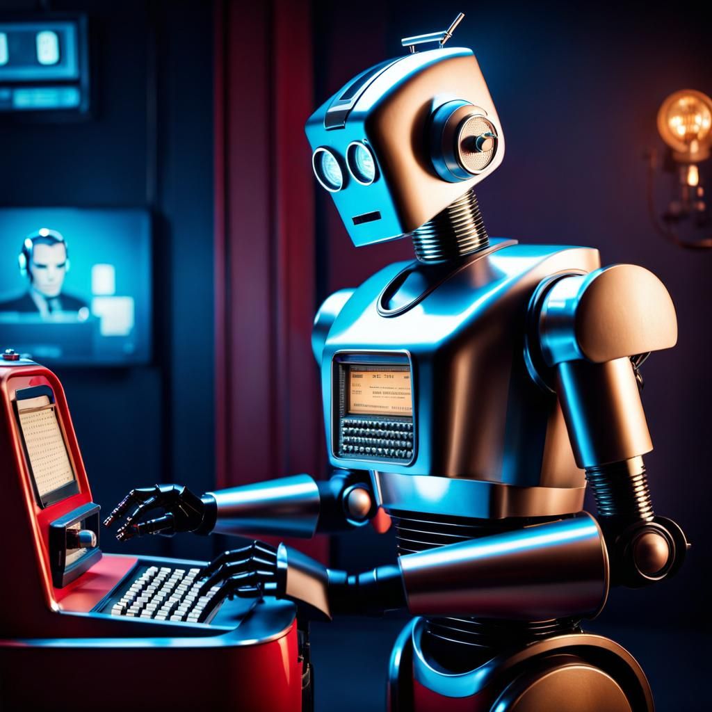 Robot and Telegram Machine in a Futuristic Setting