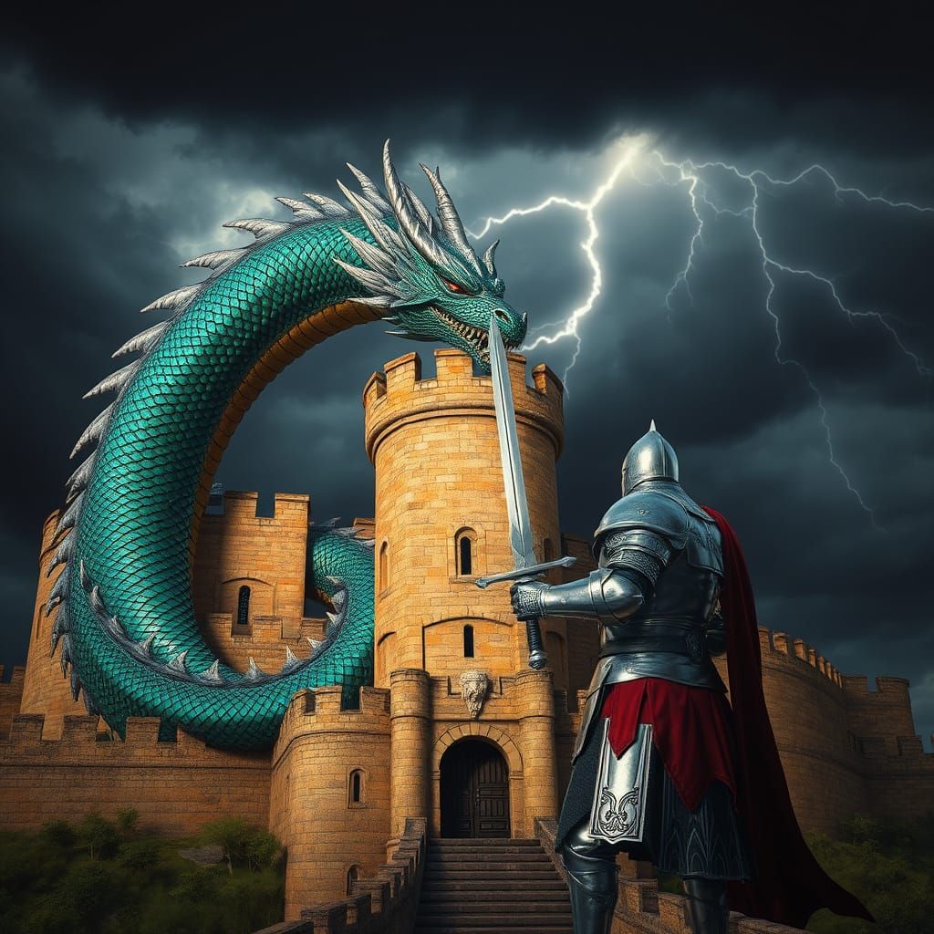 Dragon Guards Castle, Brave Knight Faces Down Majestic Beast