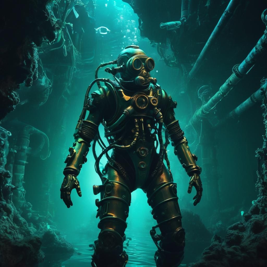 Underwater Cyberpunk Diver Explores Sunken City