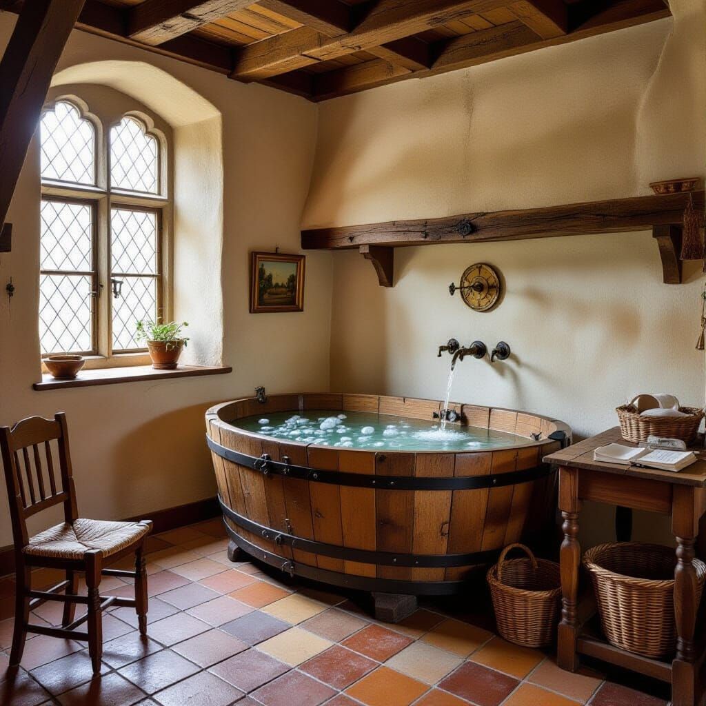 Medieval Bathing Room in 1473, Inspired by Old Masters