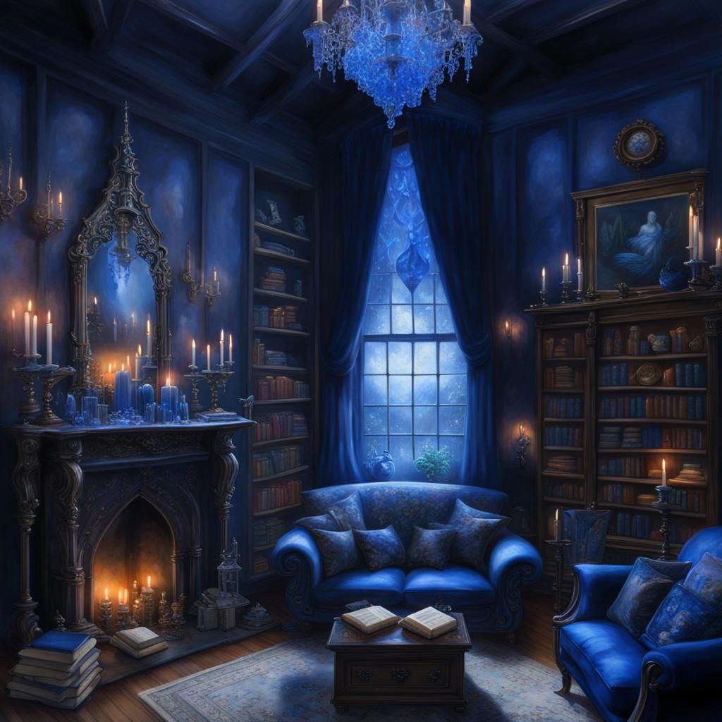 Gothic cobalt blue living room with lots of crystals and candles and books