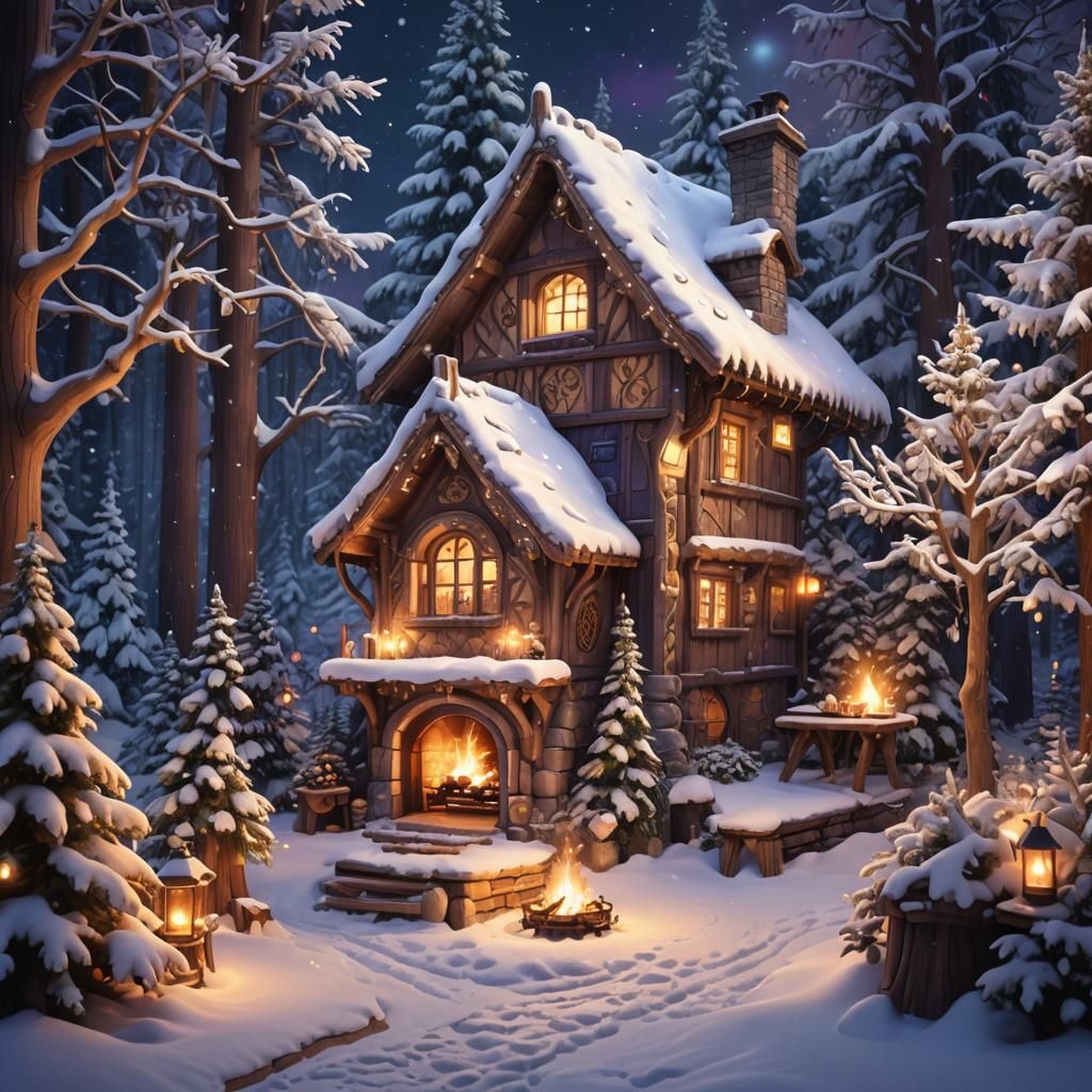 Whimsical Fantasy Cottage with Fireplace and Fairy Lights