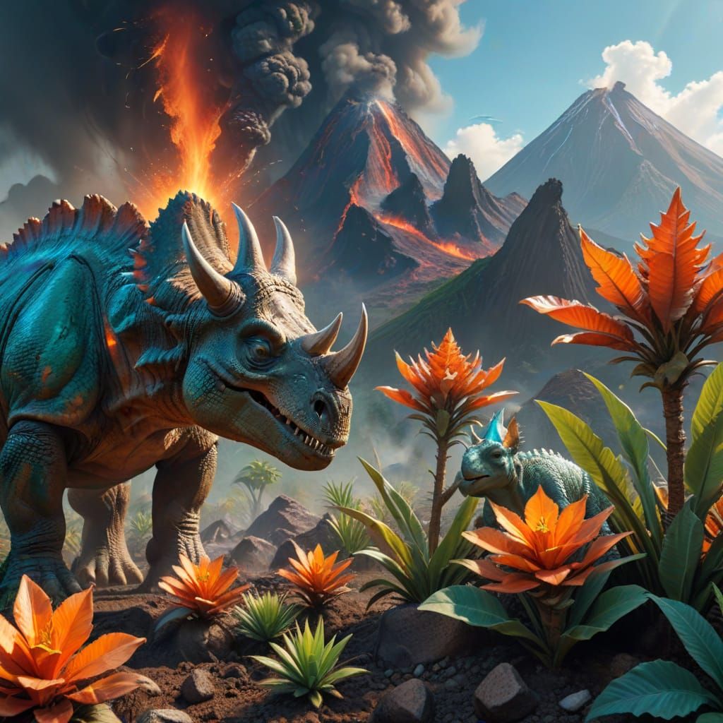 Dramatic Jurassic Scene: Mother and Baby Triceratops