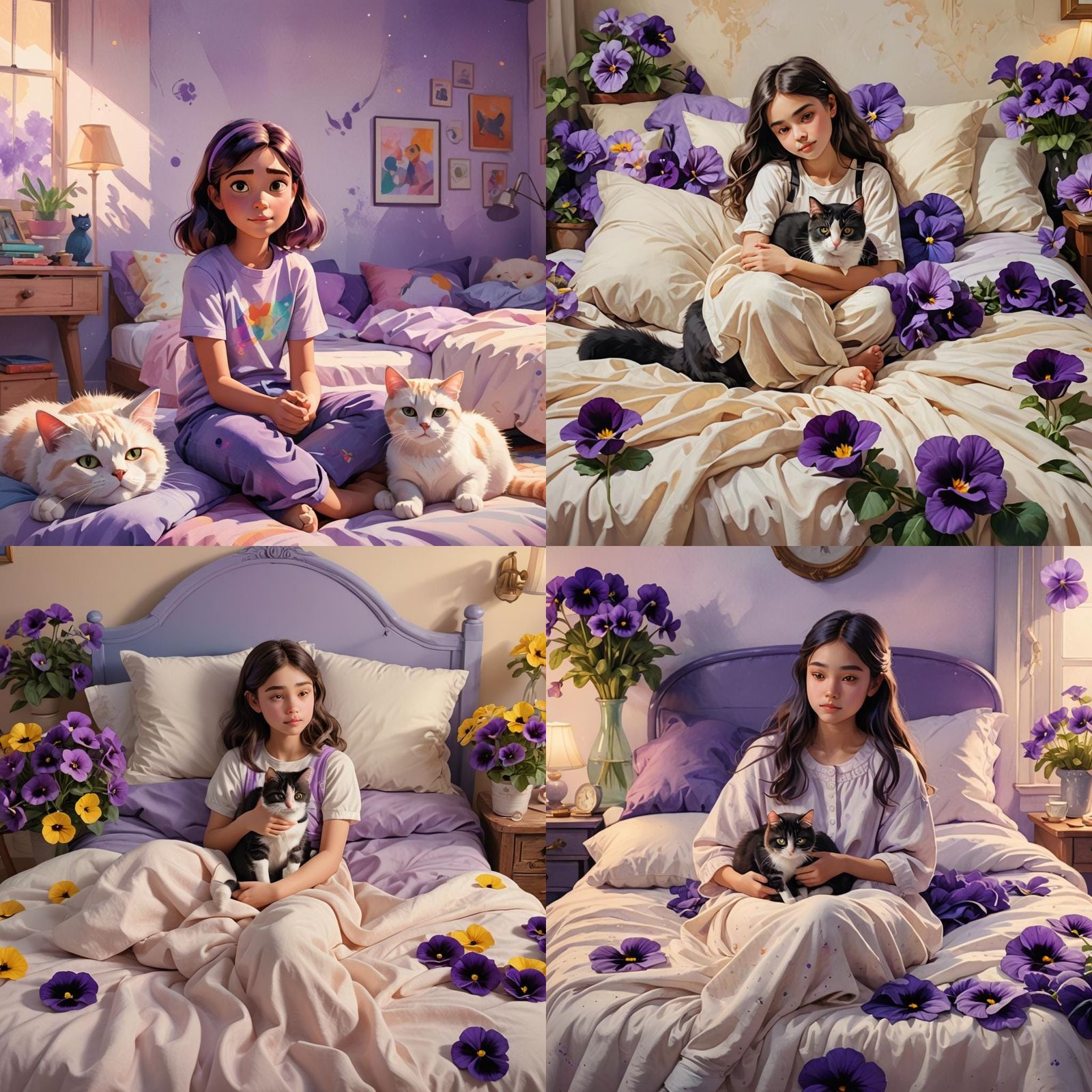 Young girl sitiing on her bed,  bedspread is cream with larg...