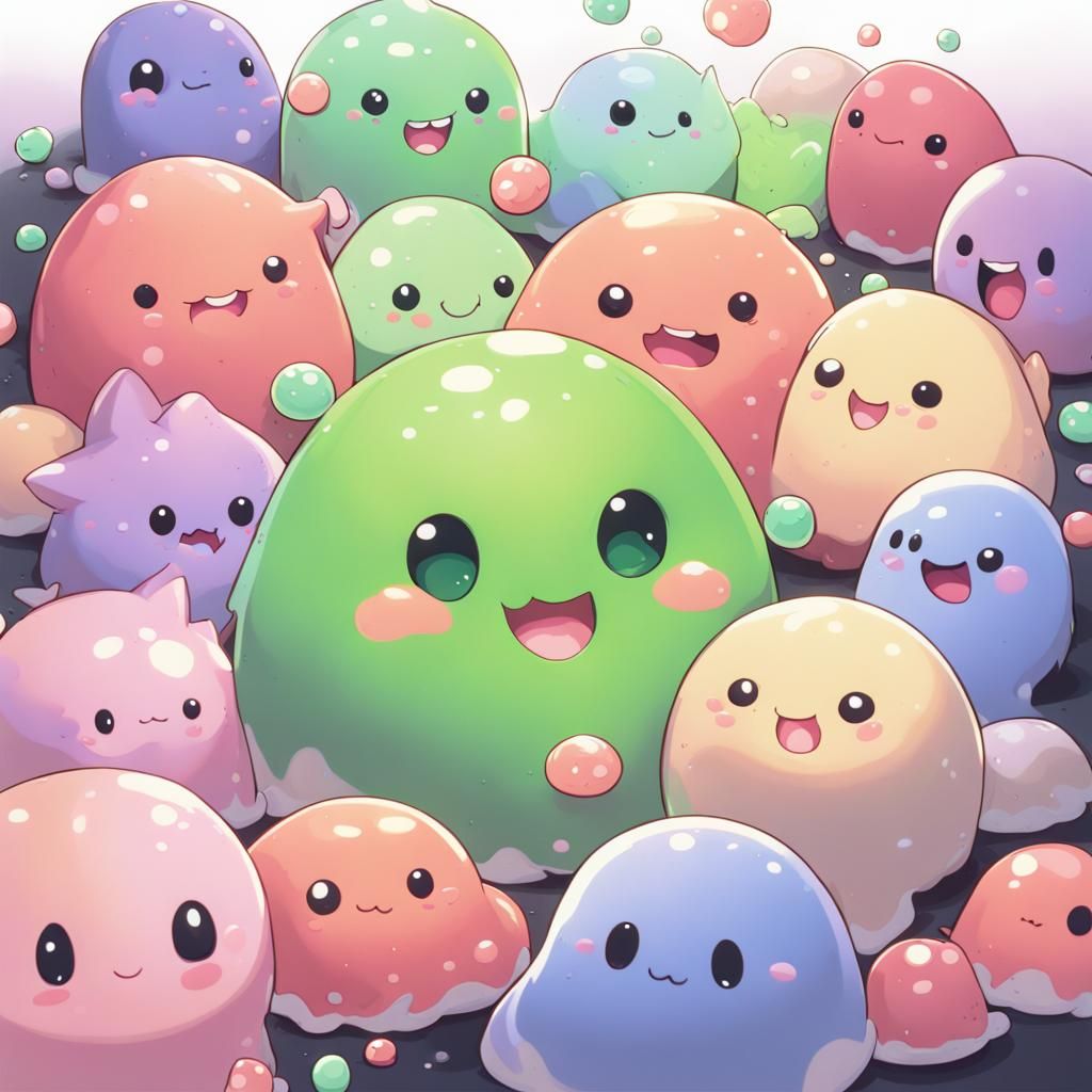 Cute Tiny Slimes Playing Together in Anime Style
