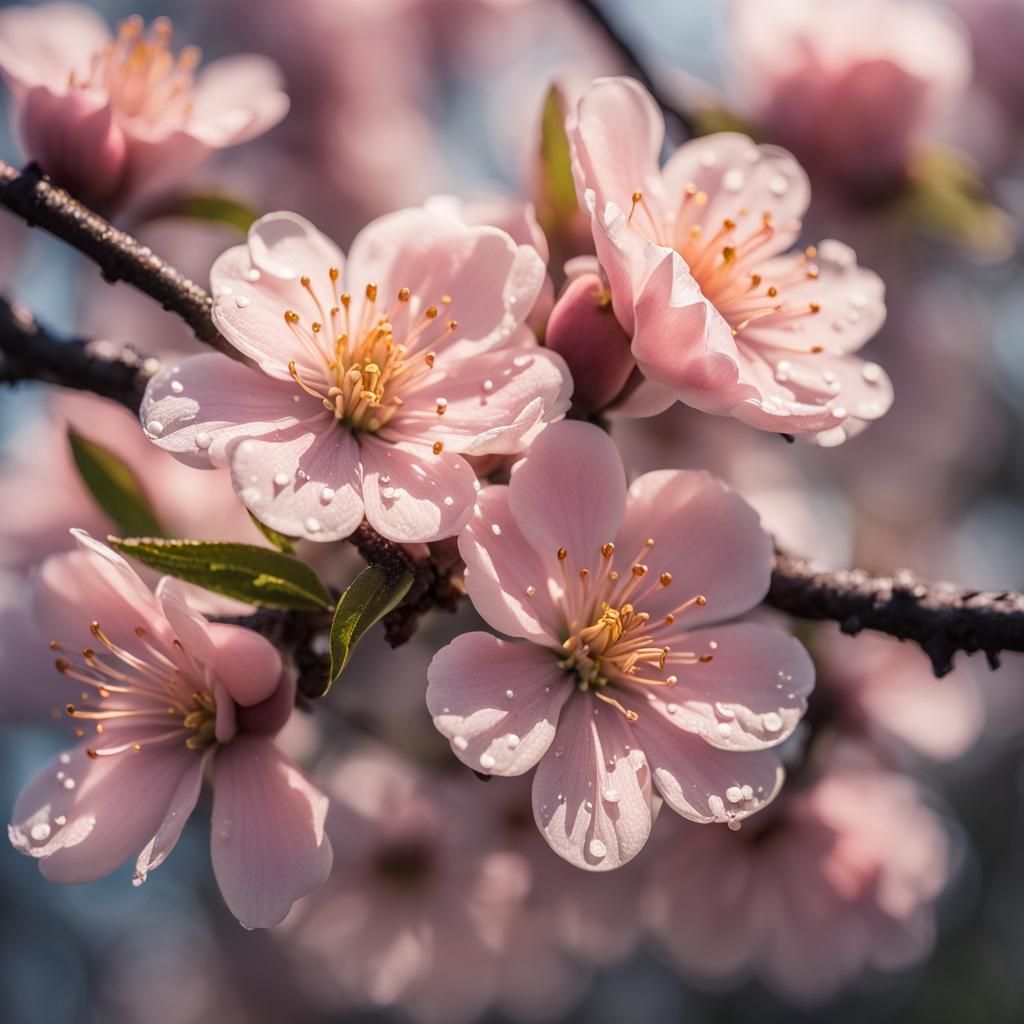 Peach Blossoms with Dewdrops in Soft Sunlight