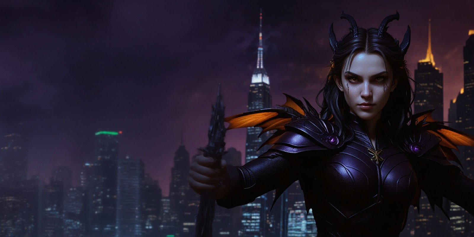 Cyberpunk Cityscape with Dragon Wings in Dark Fantasy Style