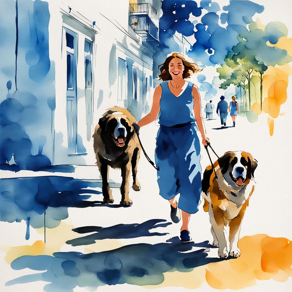Woman Walks St. Bernard in New Orleans: Ink Wash Art