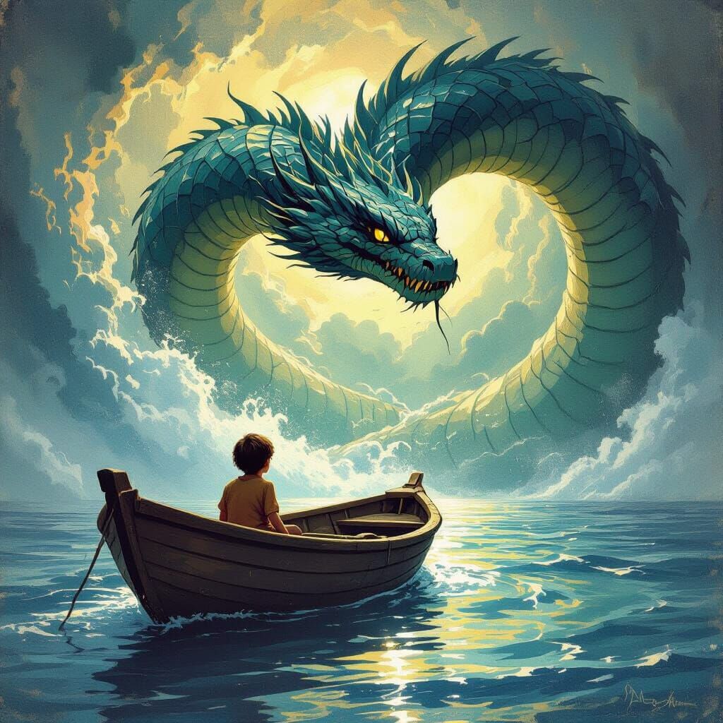 Child Encounters Ancient Sea Serpent in Fantasy Art Style