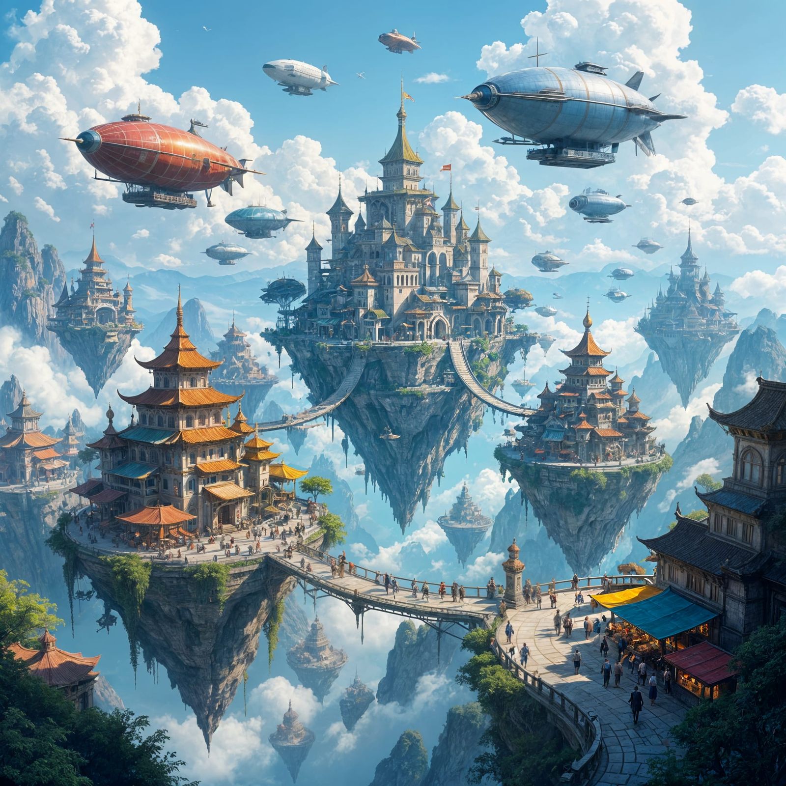 Floating Island Marketplace with Airships in Cinematic Style