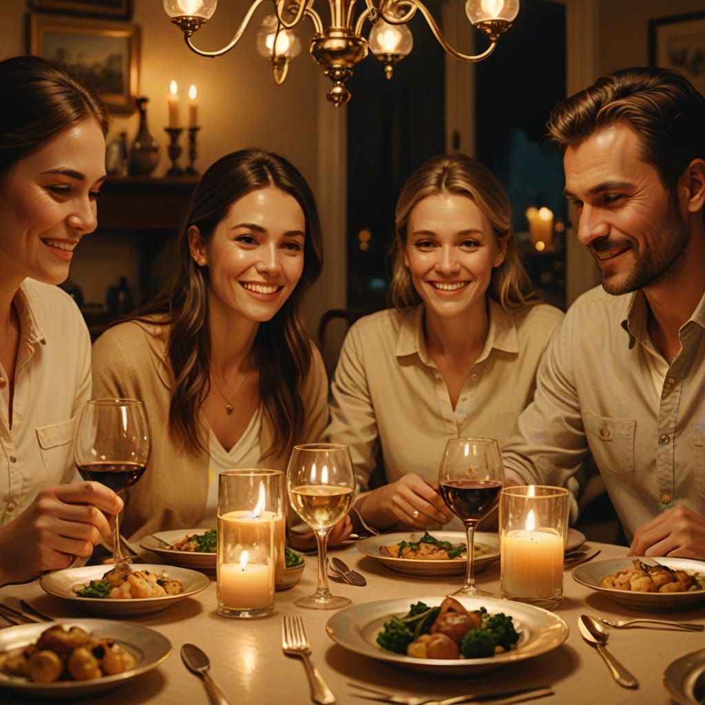 Intimate Family Dinner Portrait in Oil Painting Style