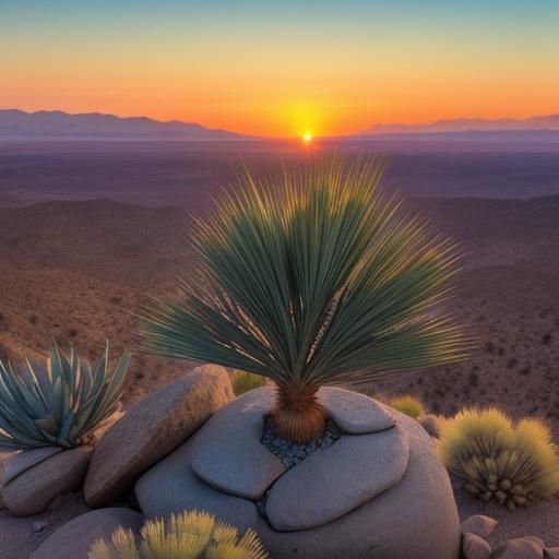 A beautiful Yucca sitting on a rock, stunning desert sunset....