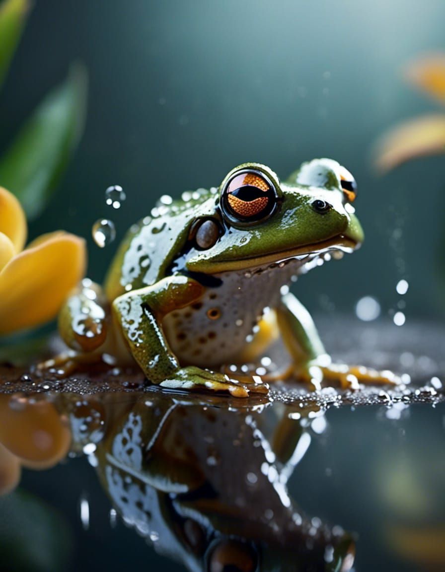 Macro Photo of Tiny Frog on Dewy Flower