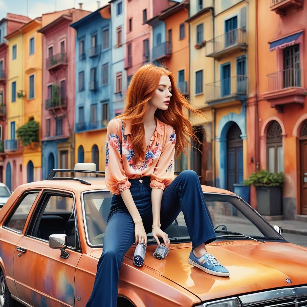 a stunning  woman, long flowing ginger hair, wearing a boho style peach blouse, dark blue pants, sitting on the hood of ...