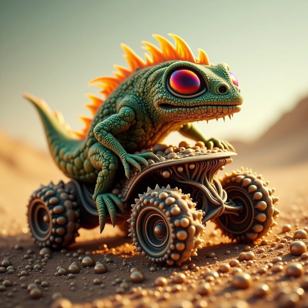 Chibi Lizard Races Cactus Car in Apocalyptic Wasteland