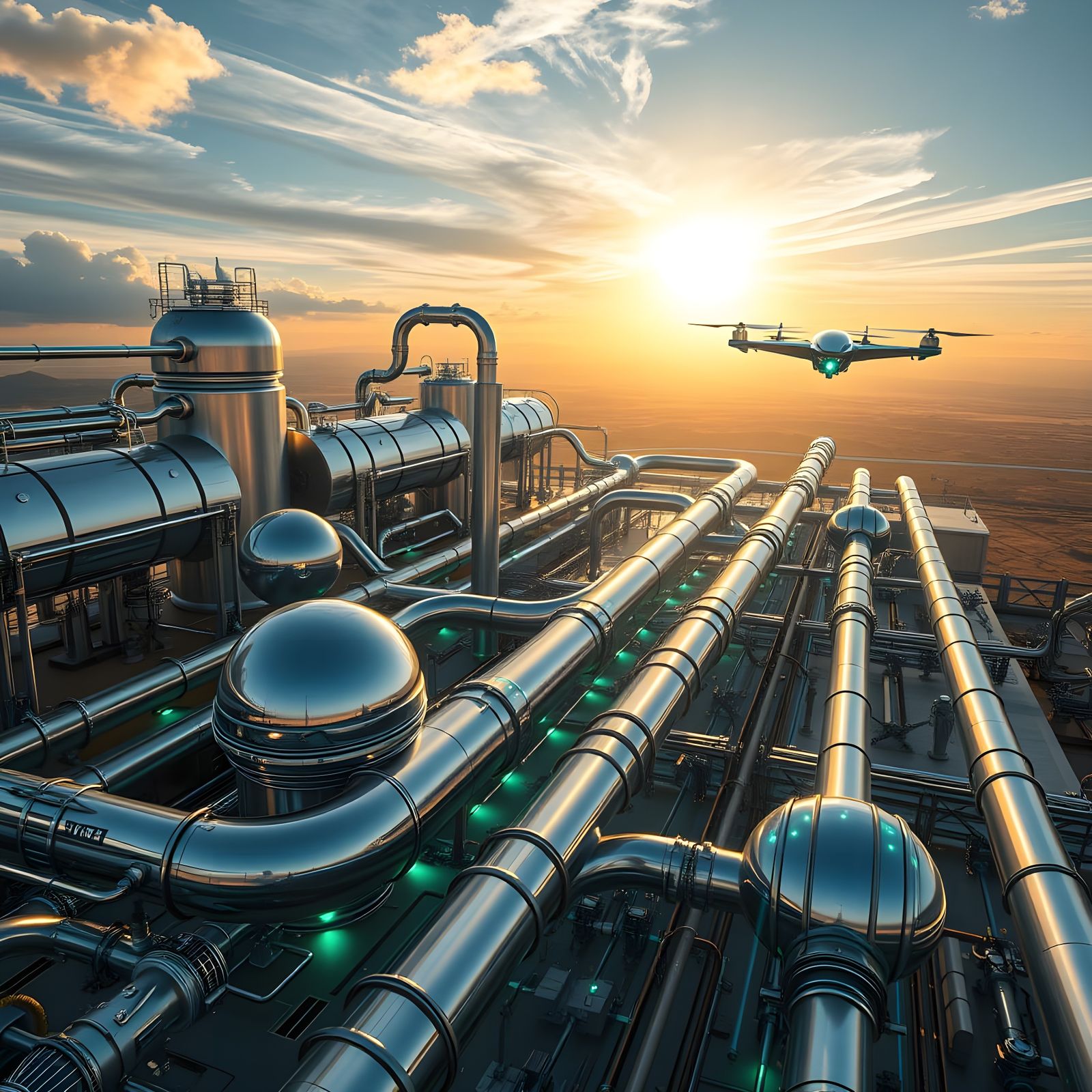 A futuristic, eco-friendly green hydrogen facility, set amidst a sprawling, lush landscape, harnesses the power of renew...