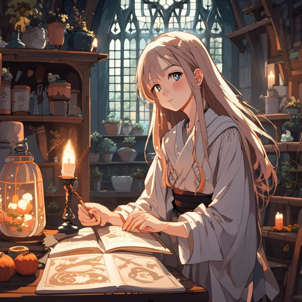 Medieval Little Girl Witch in Anime Style