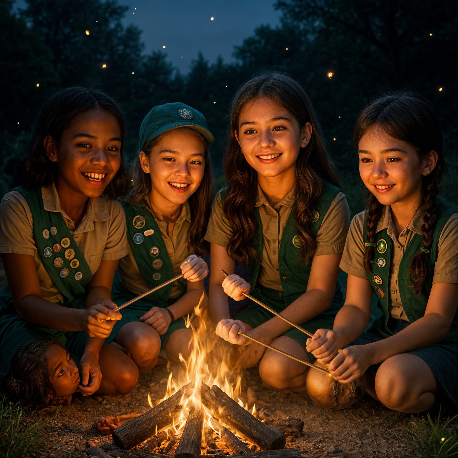 Girl Scouts Campfire Marshmallows Under Summer Night Sky