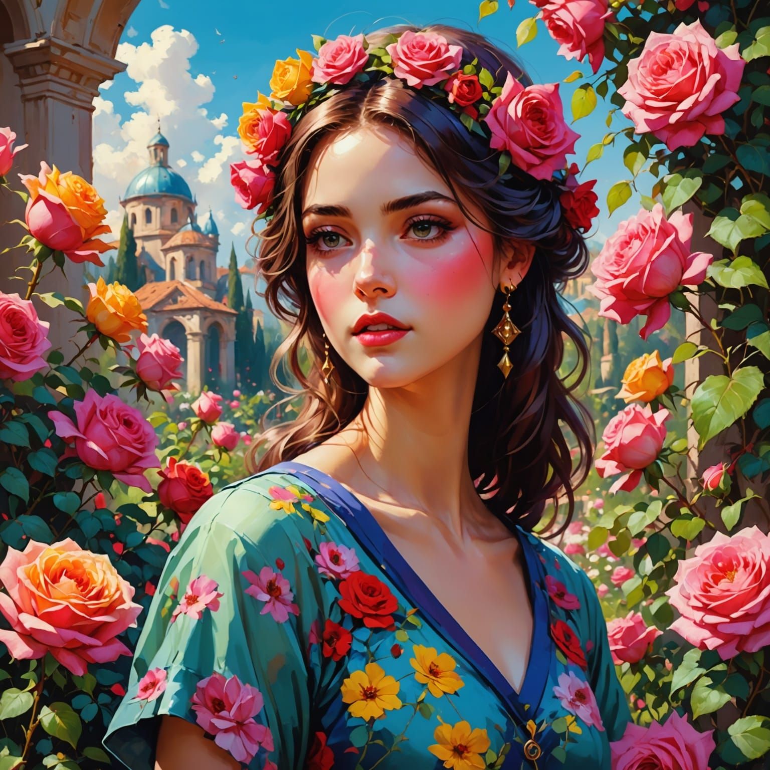 Girl in Rose Garden: Anime-Inspired Pino Daeni Style