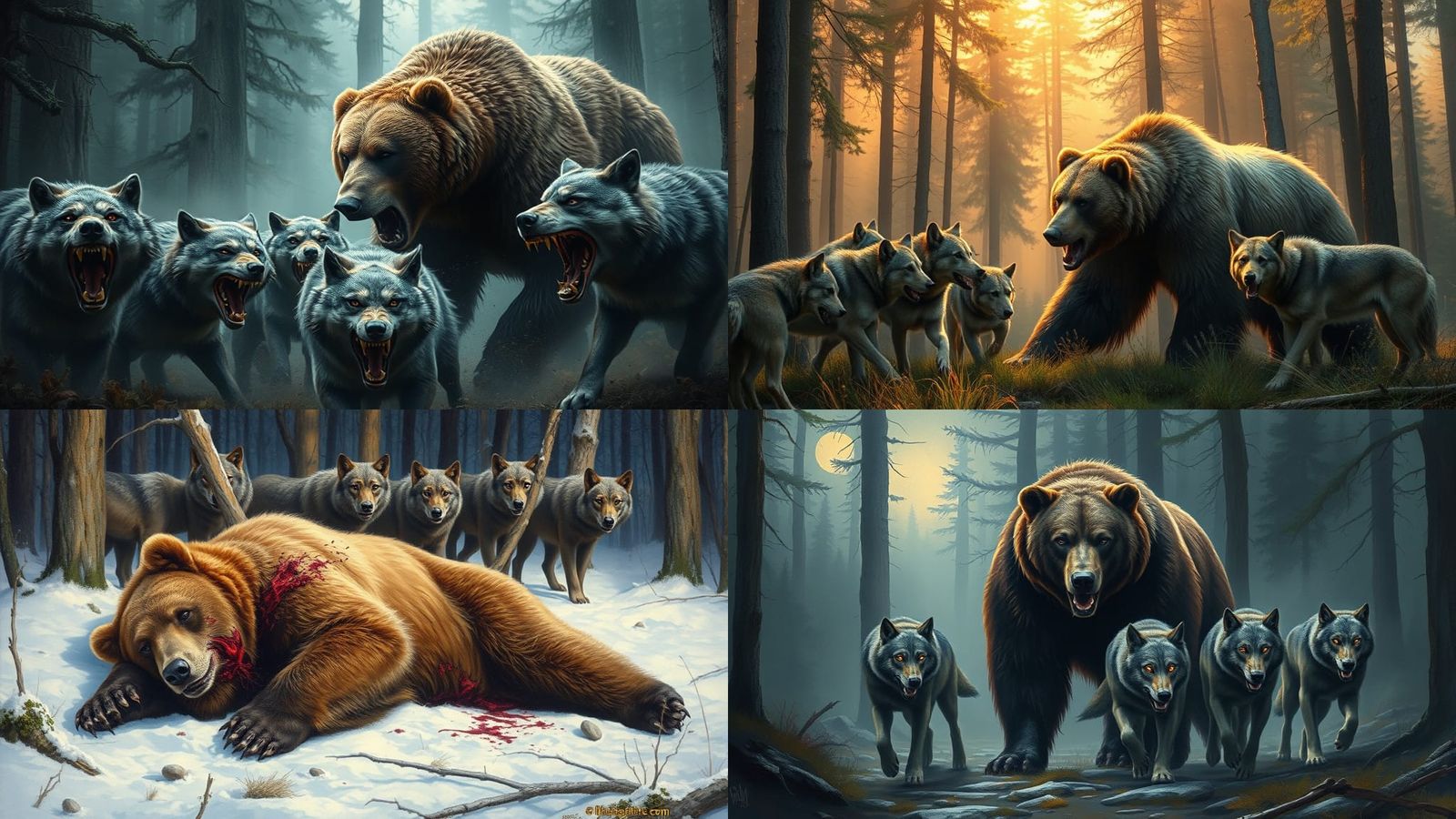 Bear Under Attack by Wolves