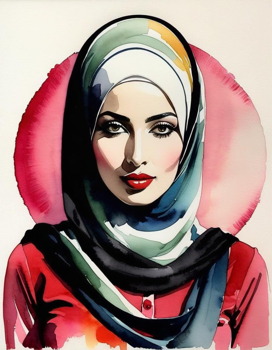 Sweet Hijabi Woman Portrait in Pop Art Style