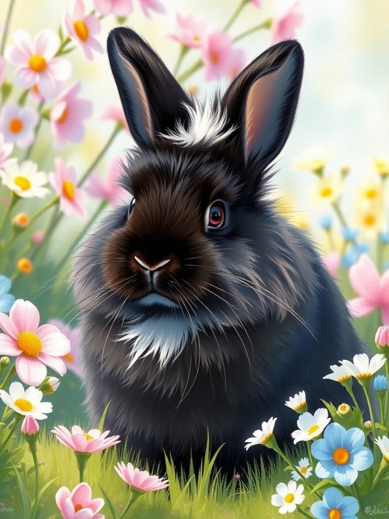 Black Lionhead Rabbit in Spring Garden Watercolor Style