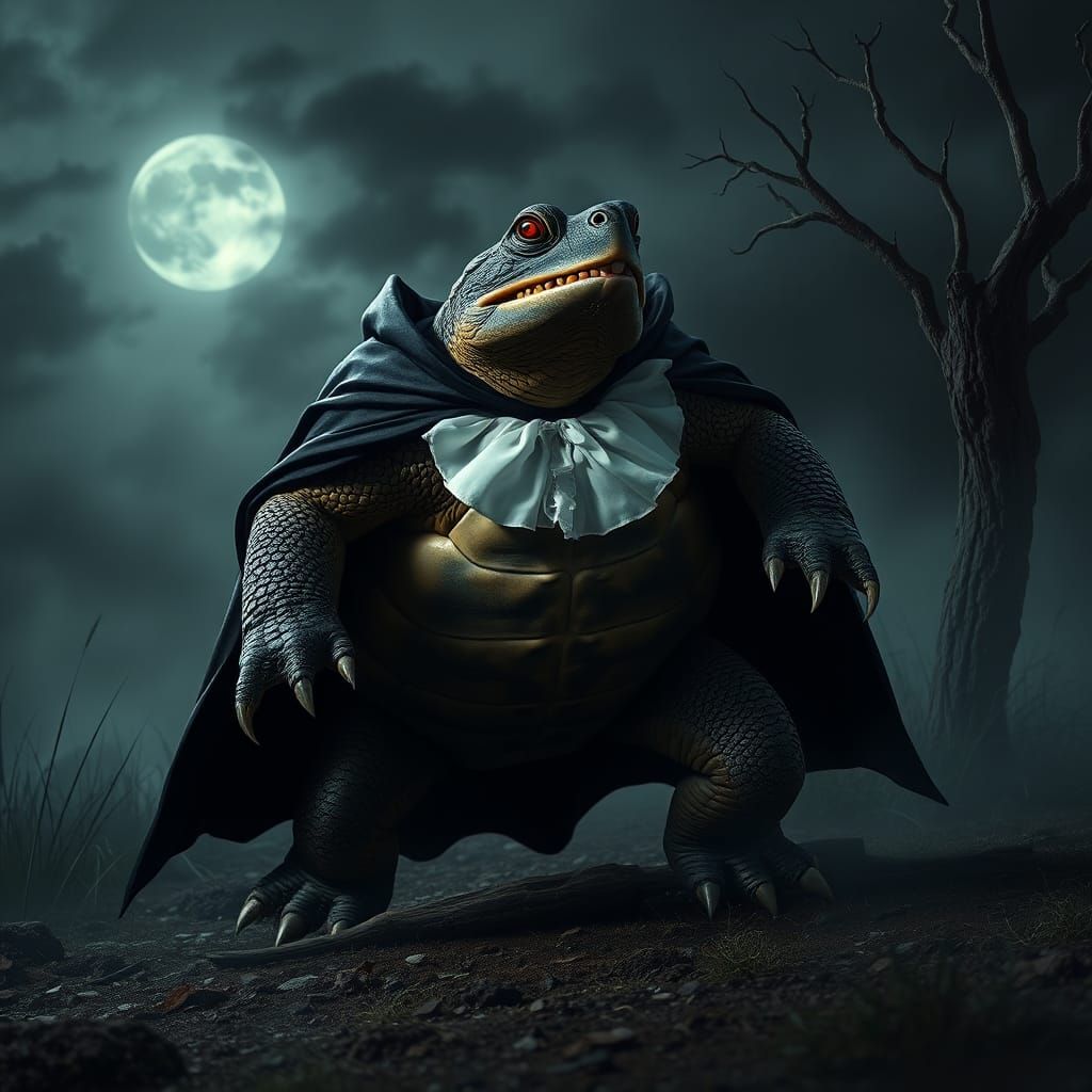 Snapping Turtle as Count Dracula in Eerie Landscape