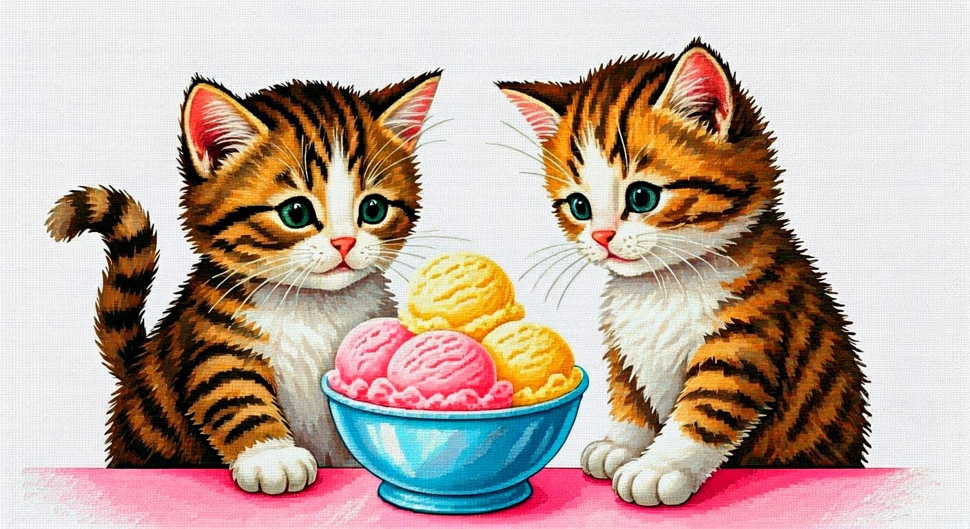 Whimsical Cross-Stitch Art of Adorable Kittens Enjoying Swee...