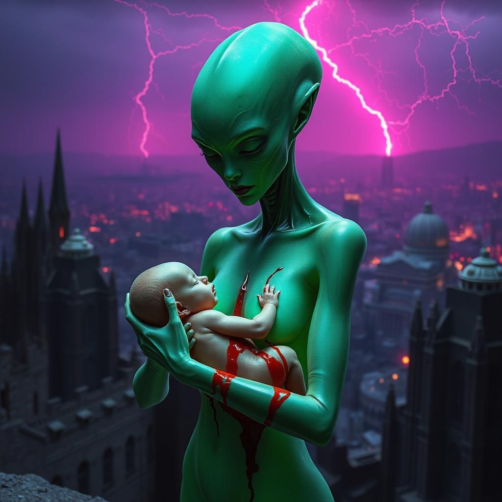 Alien Madonna with Infant in Post-Apocalyptic Cityscape