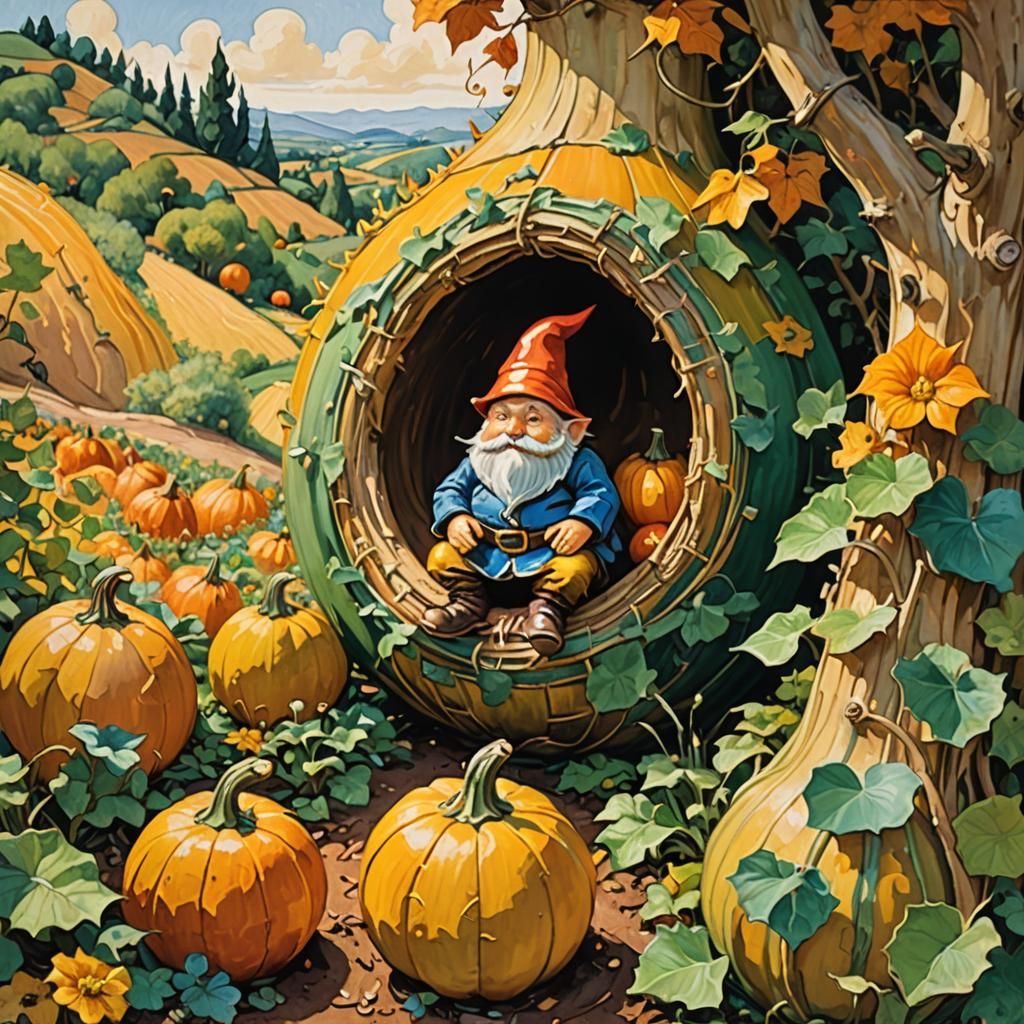 Gnome in a Gourd: Impressionist Gouache Painting