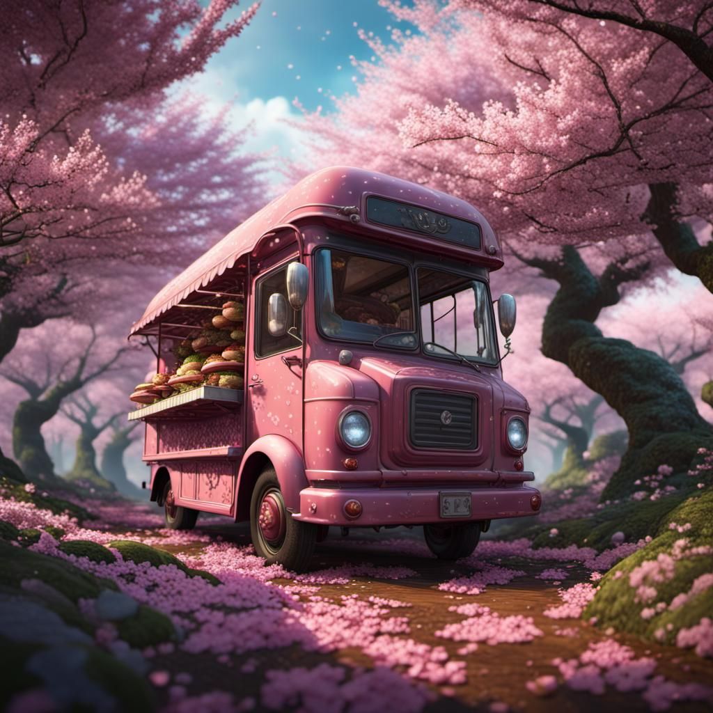 Food Truck in Cherry Blossom Forest: Detailed Matte Painting