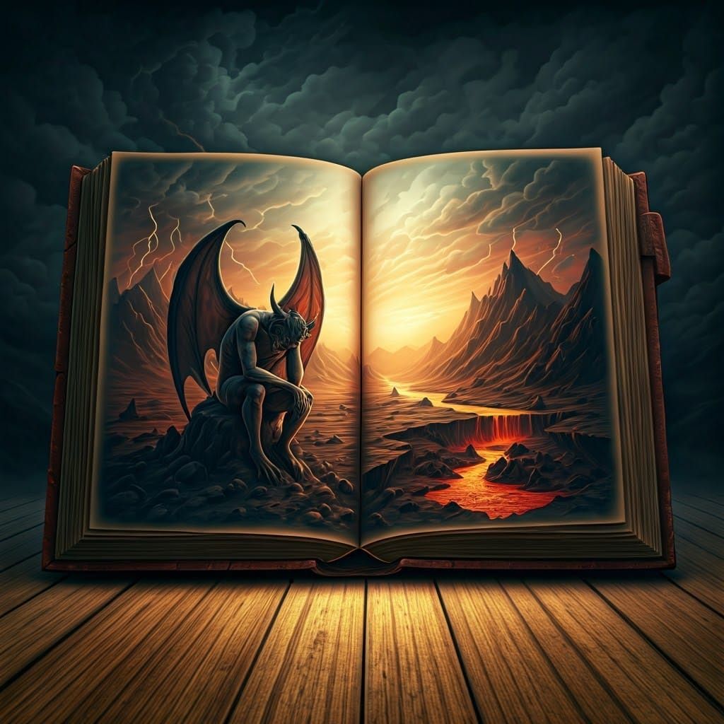 Epic, Golden-Lit Composition with Ink Strokes, Book, and Dem...