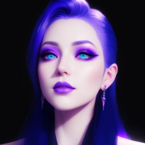 Ethereal beauty young lady with with holographic purple hair with holographic blue hair highlights and blue eyes with pu...