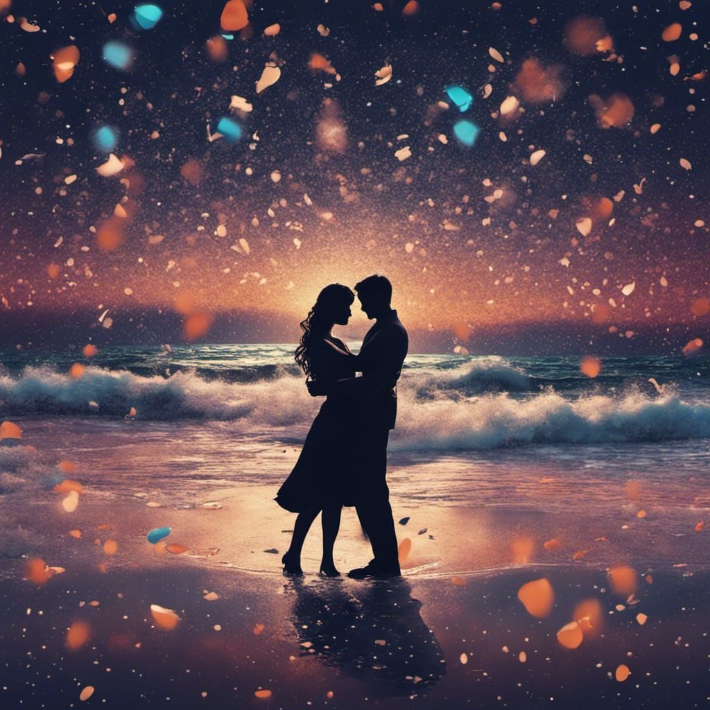 Couples Dancing on Moonlit Beach in Matte Painting Style