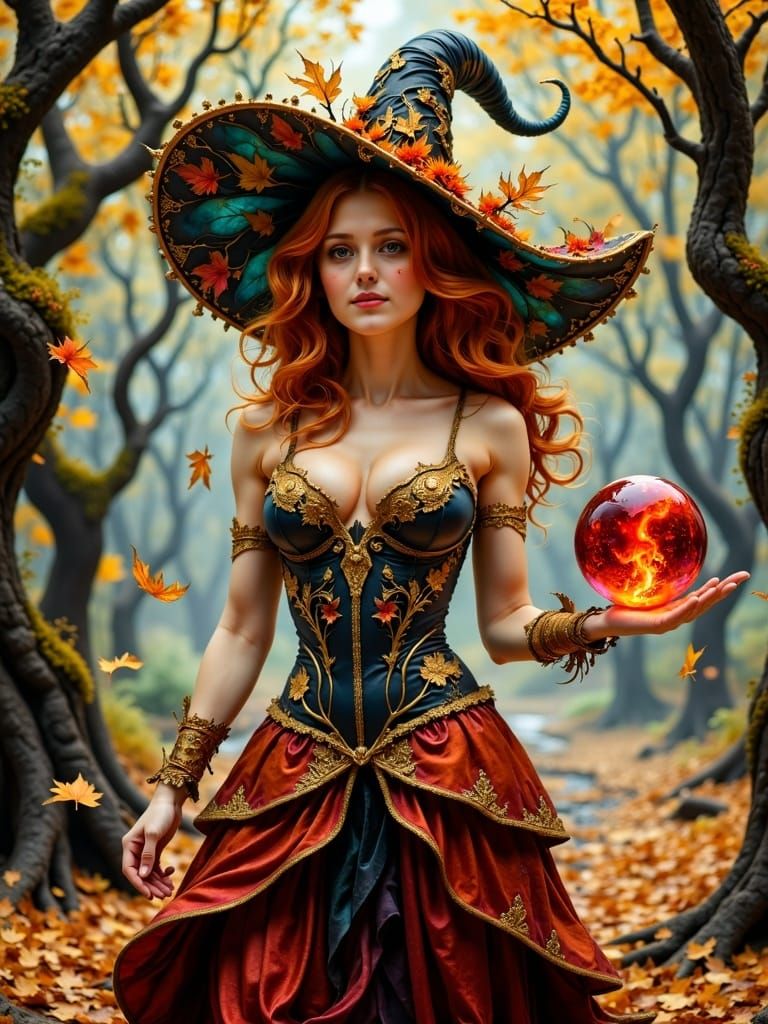 Mystical Witch with Orb in Hyperkraximalistic Autumn Landsca...